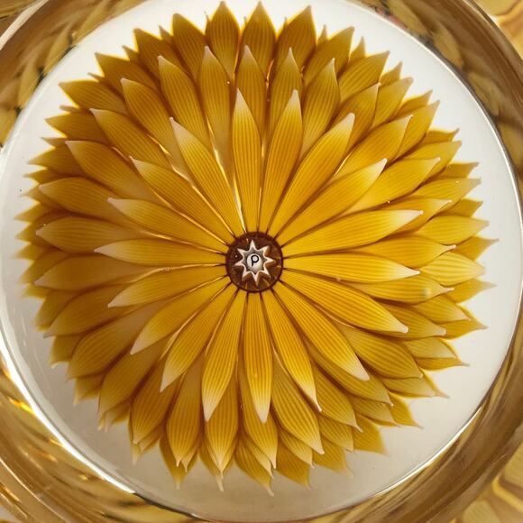 Perthshire 1986G Golden Dahlia Layered Petal Lampwork Flower Faceted Paperweight - Picture 5 of 12